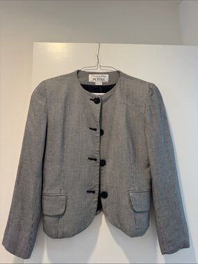 VINTAGE Dior Petite Black and White Collarless Houndstooth Jacket